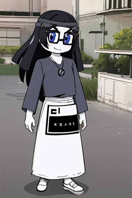 <lora:SoytanV1:0.7> soytan, black hair, necklace, medium length hair, head bend, glasses, pale skin, blue eyes, anime stlye, masterpiece , 1girl, full body, long skirt , detailed character