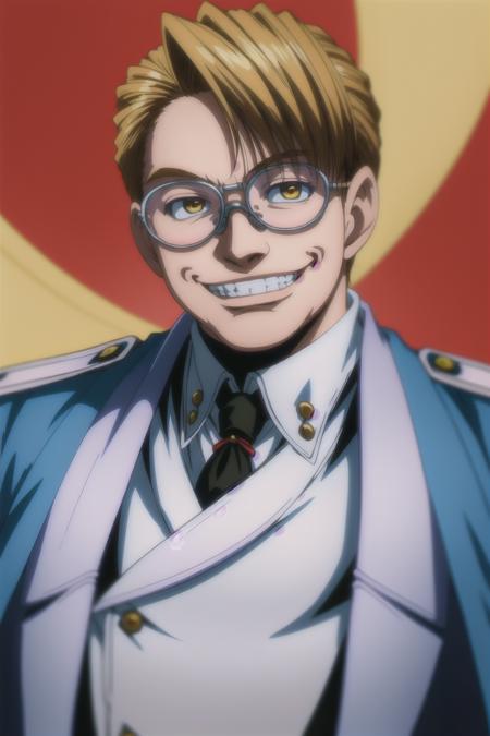 city, portrait, 1boy, blondie hair, opaque glasses, parade uniform, white uniform, smile, evil smile, evil grin