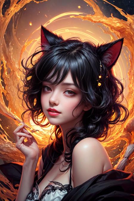 masterpiece, best quality, (absurdres, highres, ultra detailed), 1girl, black hair, red eyes, glowing eyes, witch, parted lips, blush, night, cat ears, magic circle, smile, broom, <lora:add_detail:0.7>, <lyco:GPTS4 dreamwave full_478773:0.5>