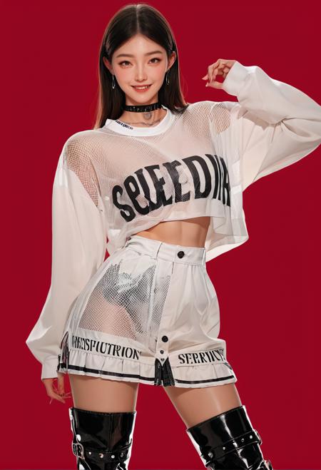 ruanyi1006,choker,english text,fashion,fishnets,see-through,white skirt,thigh boots,white shirt,long sleeves