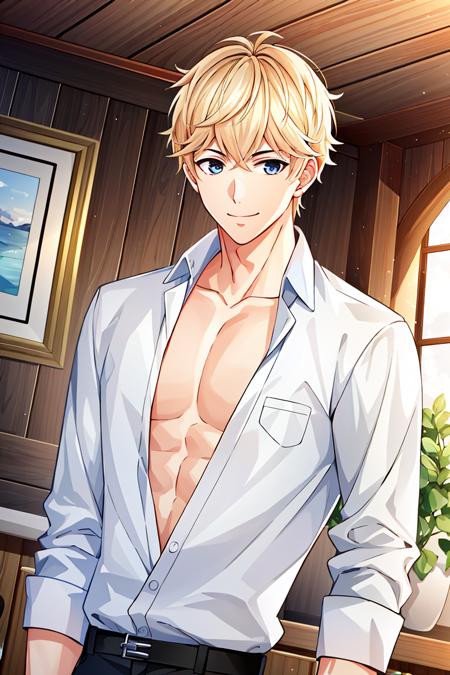 ((high_quality, distinct_image)), masterpiece, extremely_detailed_CG, illustration, 1boy, looking at viewer, handsome, beautiful_detailed_hair,  male, zhouqiluo, upper_body,  indoor, smile, pectorals