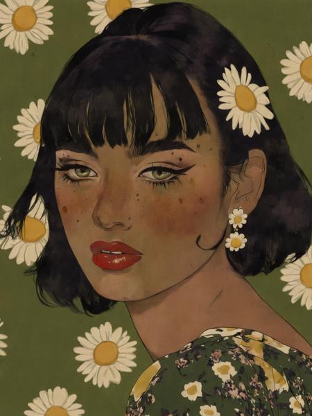 1girl, bangs, black hair, daisy, dark-skinned female, earrings, floral background, floral print, flower, freckles, green background, jewelry, lips, lipstick, looking at viewer, makeup, mole, red lips, short hair, solo, white flower, <lora:Vintage_vibes:1>