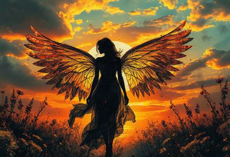 a surreal scene of a woman with delicate, feathered wings walking through a magical wonderland. The scene is a double exposure, with her silhouette superimposed against a vibrant sunset. Ink splatters and oil paint textures add depth and emotion. Style inspired by Conrad Roset, Brandon Kidwell, Andreas Lie, Dan Mountford, Agnes Cecile, Jeremy Mann, ink splatter, oil and ink canvas, fine art, super dramatic light, photoillustration, amazing depth, hyperdetailed, iridescent gold, floral, night vs day.
