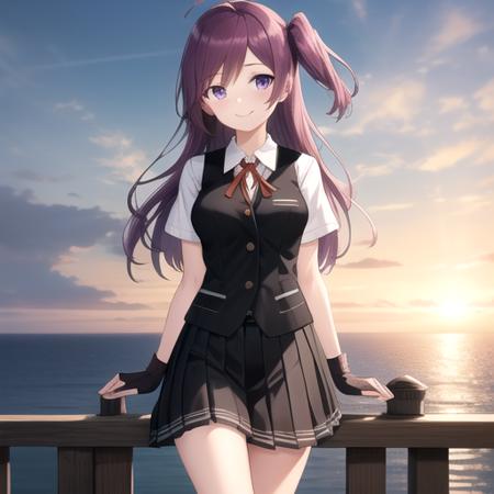 ((masterpiece)),(best quality),official art,extremely detailed CG,unity 8k wallpaper,ultra detailed,A lighthouse on a cliff by the sea,1girl,solo,cowboy shot,long_hair,purple_hair,one_side_up,ahoge,red_ribbon,pleated_skirt,fingerless_gloves,neck_ribbon,white_shirt,black_skirt,blouse,black_vest,short_sleeves,smile,socks,buttons,purple_eyes,kneehighs,black_gloves,medium breasts,school_uniform,looking_at_viewer,<lora:hagikaze(kan)>,