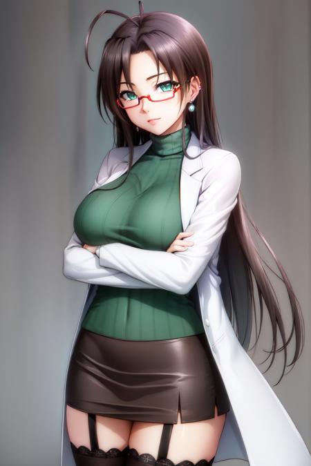 (masterpiece, best quality:1.2), <lyco:testamentsisternewdevil_hasegawa-11:0.8>, cowboy shot, solo, 1girl, hasegawa chisato, slight smile, looking at viewer, crossed arms, antenna hair, glasses, red-framed eyewear, semi-rimless eyewear, labcoat, ribbed sweater, turtleneck, skirt, thighhighs, garter straps, jewelry, earrings, large breasts