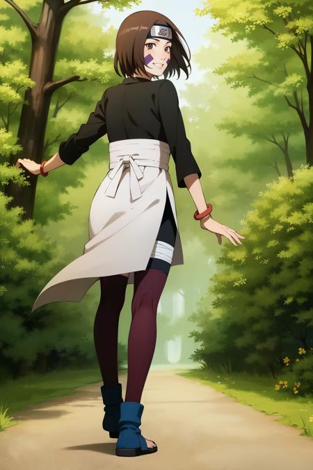 short hair brown hair facial mark black shirt bike shorts long sleeves waist apron brown eyes forehead protector  toeless footwear black thighhighs