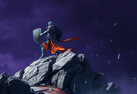 epic details Gaia Knight in striking blue & orange armor, bi-color design, blue head, atop rugged gray rock formation, gripping shield, poised for epic battle, facing left against dark purple sky. Scattered debris. Dynamic pose, Creative angle, Captivating lighting. Splash Ink Illustration, Matte Painting, Octane Render, Unreal Engine 5. 4K, High detail, Impeccable composition, Golden ratio, CGSociety, Trending on ArtstationHQ.
