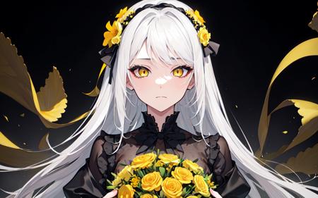 (best quality, masterpiece), (1girl, solo, black suit, standing , looking at viewer, white hair, yellow eyes, closed mouth, upper body), (giant black bouquet background, floral_background)