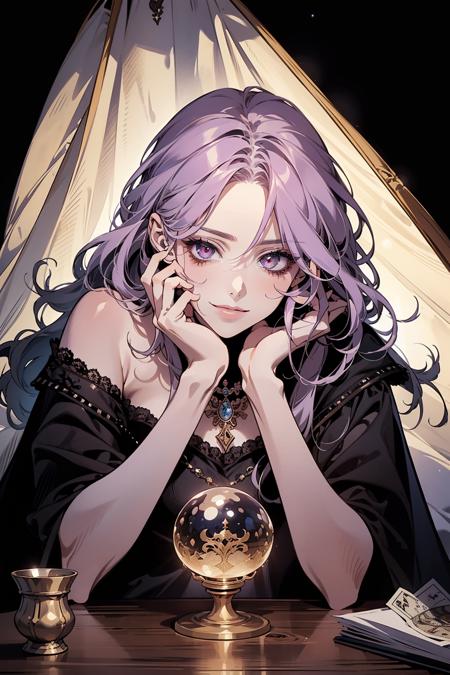 (masterpiece, top quality, best quality, official art, beautiful and aesthetic:1.2), (1girl:1.3), wavy long hair, light purple hair, extremely detailed, portrait, looking at viewer, solo, (full body:0.6), detailed background, close up, glowing eyes, (cold arctic winter theme:1.1), fortune teller, charlatan, smirk, mysterious, sitting at table, colorful shoulderless loose gypsy fortune teller clothes,      chalice,   tarot cards, crystal ball,  medieval (tent interior:1.1) background, tent curtains in background, dark mysterious lighting, shadows, magical atmosphere, starry night,, dutch angle