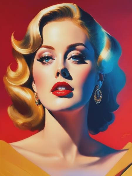 <lyco:RolfArmstrong:1.0> Adele Laurie Blue Adkins looking in camera, painting in the style of emiliano ponzi, rolf armstrong, light amber and red, eric canete, poster, delicate chromatics