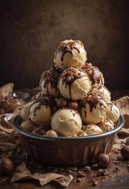 RAW photo, malted milk ball ice cream, hot summer day, food photo, DSLR, crushed malted milk balls and a chocolate drizzle garnish, soft lighting, high quality, film grain, Fujifilm XT