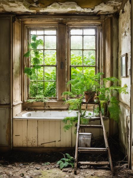 a bathroom with a window and a ladder in it and a plant growing out of the window sill, Dirk Crabeth, overgrown, a jigsaw puzzle, environmental art<lora:Abandoned:1>