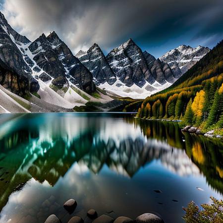 mountain, lake, clear water, best quality, alpine mountains, mountain village, photorealistic, realism,