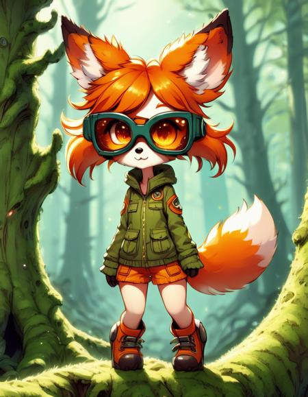 In a lush forest bathed in dappled sunlight, a spirited fox girl with fiery orange fur and a fluffy tail, adorned with aviator goggles, stands on a moss-covered tree stump. Her eyes gleam with a mischievous sparkle as she peers through the goggles, her ears alert and twitching with anticipation. <lora:Dall-e_3_0.2>