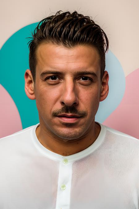 headshot of francesco gabbani, bright pastel background, white shirt <lora:FrancescoGabbaniLora:1>