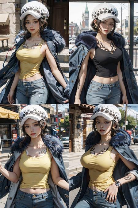 masterpiece,best quality,8k,highestres,absurdres, extremely detailed,
femlaw, solo, looking at viewer, short hair, large breasts, hat, navel, holding, cleavage, collarbone, earrings, midriff, pants,coat, fur trim, denim, jeans, fur-trimmed coat, coat on shoulders,  yellow tank top,///,<law <lora:Trafalgar_lawV55-10:0.8>