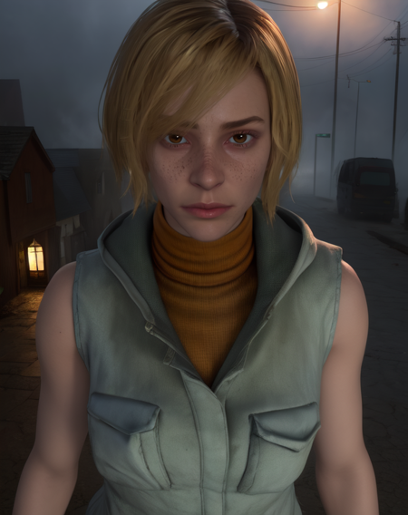 Cheryl,blonde hair,brown eyes,
vest,sleeveless,turtleneck,short skirt,
standing,
(silent hill \(series\):0.6),town,fog,
(insanely detailed, beautiful detailed face, masterpiece, best quality) cinematic lighting,<lora:Cheryl-10DBD:0.8>,