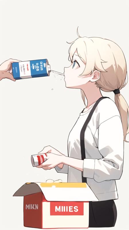 a woman is drinking from a box with the word h on it's side and a box with the word h on it's side, 1girl, solo, long_hair, blue_eyes, blonde_hair, simple_background, shirt, long_sleeves, white_background, holding, twintails, upper_body, white_hair, hand_up, from_side, profile, low_twintails, pink_shirt, drinking, milk_carton