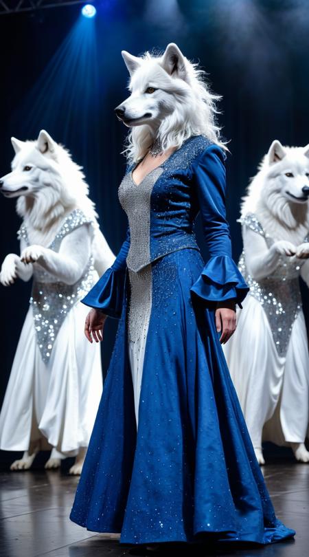 Silkshadow wolves, performing on stage, Twilight blue, gale force with powerful gusts, crisp winter whites, rear view looking back, full-length character view, transavantgardism eclectic mixing, bubbly lava rock, HDR tonal range expansion, spiraling focal point, sequined costume sparkles.