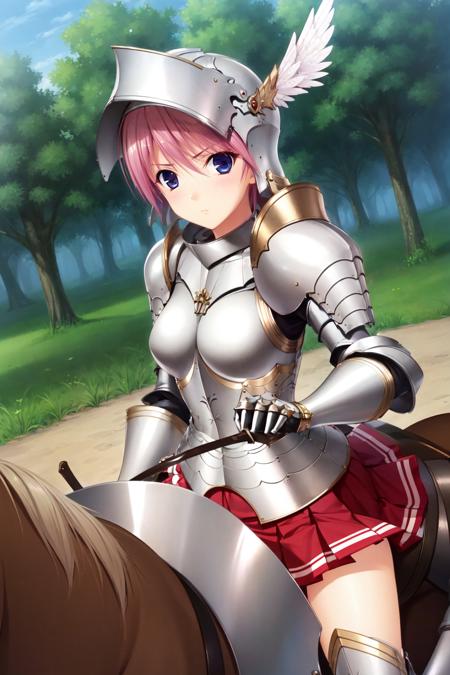 mioarm, 1girl, solo, helmet, plume, shoulder armor, breastplate, gauntlets, pleated skirt, riding, visor (armor), horseback riding, armor, looking at viewer, serious  <lora:miowal_V3-11:0.7>