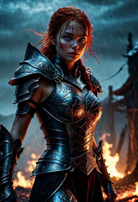 Ultra detailed digital art masterpiece Warrior girl dressed in a iron Armor and winter coat, Standing on a bloody and stormy battlefield, standing in combat pose, dark fantasy medieval Town, perfect lighting, beautiful Sadie Sink as Warrior girl, attractive woman, elegant, sinewy athletic body, unreal engine 5 nanite quality, mixed with dark elements, dark environment, very cold winter night, clean dark velour witch clothing, LOTR style, dark washed out eyeliner, no make up, natural bloody face, realistic blue eyes, ultra detailed atmospheric details, beautiful glowing effects, sparkle effects, realistic body proportions, beautiful face proportions, complex masterpiece, wavy red hair, creative glowing detailed tattoos, complex physics, enhanced colors, complimentary colors, ultra detailed raytracing reflections, Ultra detailed complex background, environment feels alive, direct eye contact, dramatic lighting, wet and sweaty skin, beautiful firm Breasts, Concept art portrait by Greg Rutkowski