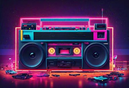 Create a vibrant digital art illustration that encapsulates the essence of the 1980s in a single image. Incorporate iconic elements such as cassette tapes, boomboxes, arcade games, neon lights, and retro fashion to evoke the nostalgic spirit of this era. The scene should exude an energetic and dynamic atmosphere, reminiscent of the vibrant cultural landscape of the 80s. Emphasize bold colors, geometric shapes, and a sense of optimism to capture the collective memories and experiences associated with this iconic decade.