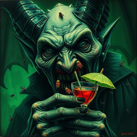 Grotesque, hellish album cover featuring a revolting closeup of Satans's face, inspired by the dark, gothic style of Helge C. Balzer and the eerie, supernatural atmosphere of Zdzisław Beksiński. Satan's face is contorted in a mixture of ecstasy and admiration as he cradles a delicious umbrella drink attracting flies. The green color scheme is reminiscent of decay and despair, with death metal vibes and a hint of grime and filth, evoking the style of brutal, old-school death metal album covers, similar to those created by artist Chris Reifert, with a dash of the dark, unsettling aesthetic of Ed Repka, color overlay, green glow, ghastly and frightening, low contrast