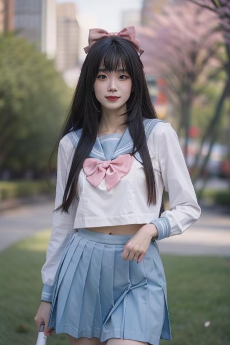 ltra-detailed,highly detailed,best quality,masterpiece,illustration,realistic,photorealistic,
hutao, solo, 1girl, cosplay, 
school uniform, sailor collar, serafuku, long sleeves, bowtie, pleated skirt, midriff peek, 
long hair, bangs, hair bow, 
looking at viewer, cowboy shot, standing, 
outdoors, day, photo background, grass, park,cherry blossoms, falling petals, wind,
 <lora:hutao_jk_v1_03:0.7>