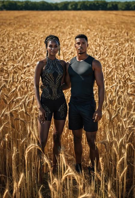 A couple in love of 30 years old, 
tanned, 
in black shorts, 
with a bare torso, 
stands in the middle of a wheat field on a bright day of a hot summer day, 
ultra detailed ultra HD, 
Canon EOS R6 Mark II, 
award-winning, 
Professional, 
8k, 
stylize 1000, 
chaos 1000, 
perfect composition, 
beautiful detailed intricate insanely detailed octane render, 
8 k artistic photography, 
epic royal background, 
big royal uncropped crown, 
royal jewelry, 
robotic, 
nature, 
full shot, 
symmetrical, 
Greg Rutkowski, 
Charlie Bowater, 
Beeple, 
Unreal 5, 
hyperrealistic, 
dynamic lighting, 
fantasy art