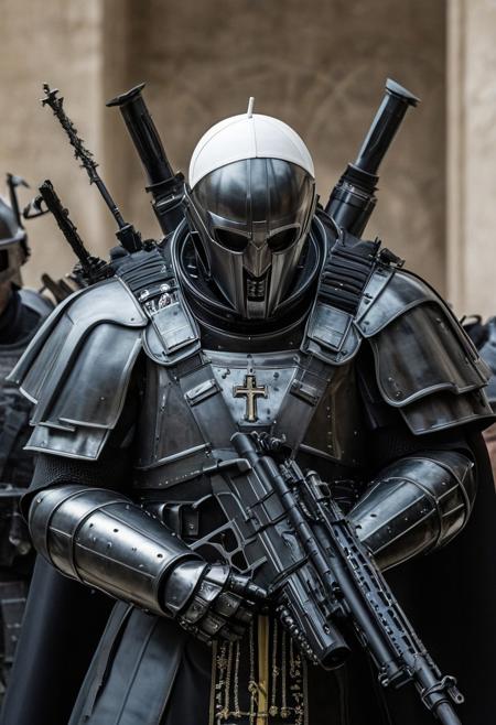 the pope with black titanium full plate armor holding a cross shaped machine gun screaming