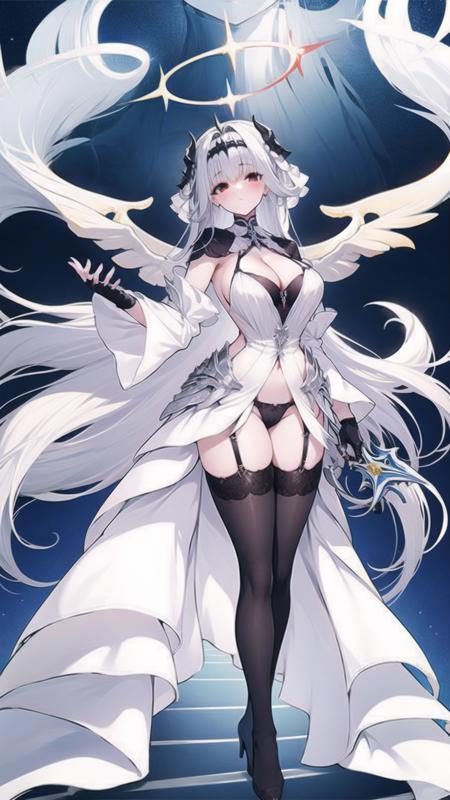 1girl, breasts, long hair, gloves, thighhighs, halo, white hair, cleavage, solo, fingerless gloves, black gloves, black thighhighs, red eyes, large breasts, dress, bangs, very long hair, white dress, black panties, underwear, sword, panties, wide sleeves, garter straps, blush, horns, <lora:MarseillaisV1.0:0.8>, marseillais, standing, blue sky, starry sky, night sky, full body, stars,