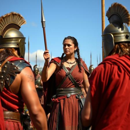 Boudica, showing British soldiers her scars on her back from flogging, urging attack against Roman legions. Boudica was flogged and her daughters violated.  
In 60/61, Boudica led the Iceni and other British tribes in revolt against romans