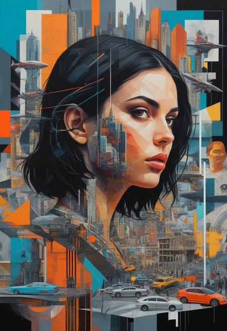 An intricate and vibrant collage featuring a large, stylized portrait of a young woman with dark hair, surrounded by various smaller figures and urban elements. The composition includes detailed maps, cityscapes, and abstract geometric shapes, blending modern pop culture with futuristic technology. The use of bright, saturated colors and a mix of both 2D and 3D elements creates a dynamic, multi-layered visual that combines realism with abstract art, reflecting a cyberpunk-inspired aesthetic.