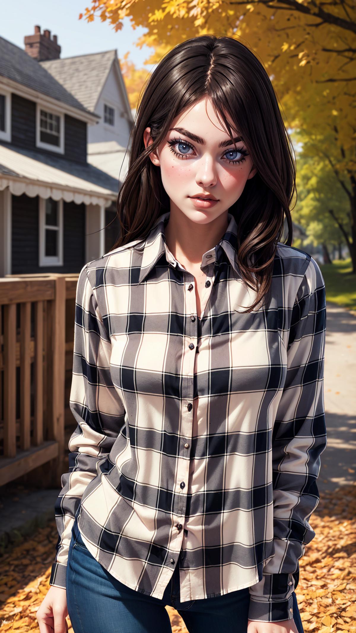 The image features a woman with long brown hair, dressed in a plaid shirt with a collar, and blue eyes. She is posing for the camera, and her outfit is complemented by a matching plaid tie. The woman appears to be in front of a house, and the scene is captured in a 3D rendering. The overall atmosphere suggests a stylish and confident pose.