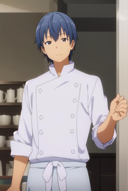 hiroomi souma, (brown eyes:1.3), blue hair, male focus, apron, buttons, waist apron, white pants, chef,