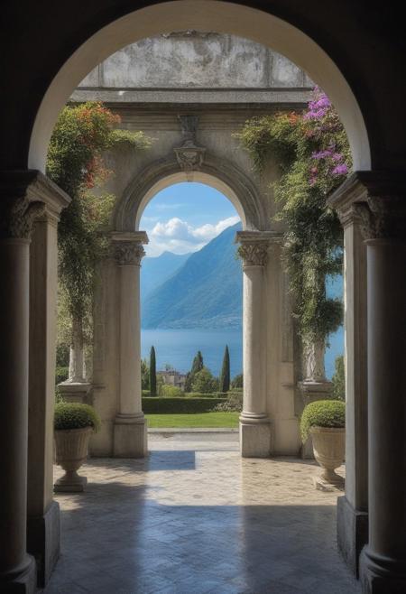 A view of Lake Como from an old Italian villa with columns and arches, flowers in white on each side of the arched doorways, the dramatic and cloudy sky with sun rays shining through, mountains visible across the water,