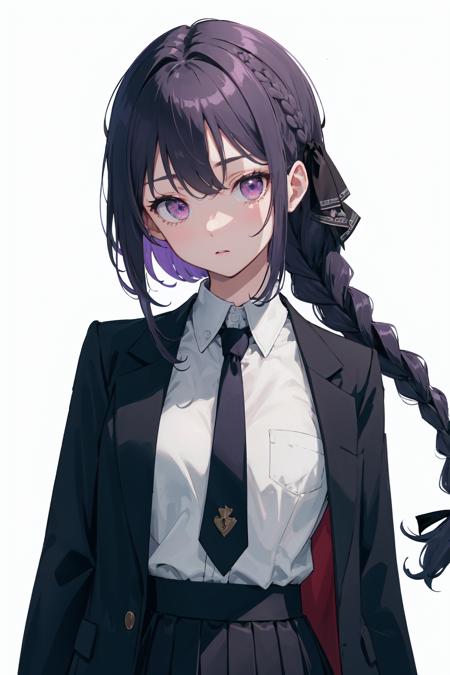 (8k), sharp focus, anime, highres, 1girl, solo, upper body, (high quality:1.2), (high detail:1.2), (masterpiece:1.2), (extremely detailed:1.2), long hair, hair ribbon, braid, jacket, necktie, black gloves, shirt, black ribbon, collared shirt, purple eyes, open clothes, side braid, open jacket, long sleeves, skirt