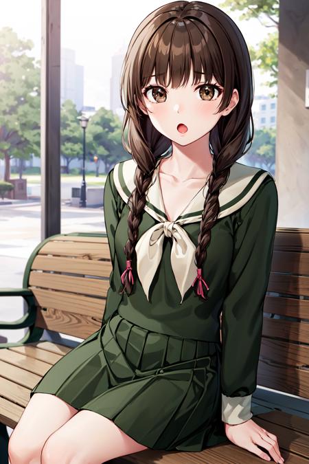 masterpiece, best quality, highres, aayoshino, long hair, twin braids, brown eyes, hair over shoulder, school uniform, sailor collar, neckerchief, green shirt, sailor shirt, long sleeves, green skirt, long skirt, <lora:shimazu_yoshino_v1:0.7>, sitting, park, bench, :o,