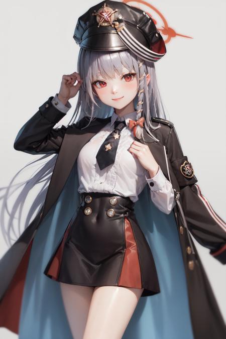 (masterpiece, best quality:1.2), <lora:ba_haruna-08:1>, cowboy shot, solo, 1girl, haruna \(blue archive\), smile, closed mouth, looking at viewer, black headwear, jacket on shoulders, white collared shirt, black necktie, long sleeves, skirt