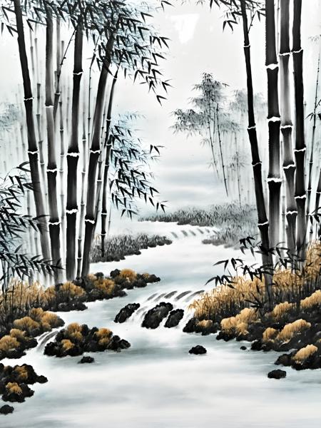 Chinese porcelain painting, Chinese ink painting, Chinese water color, black and white, Bamboo forest,stream, <lora:Chinese_porcelain_painting_V1:1>