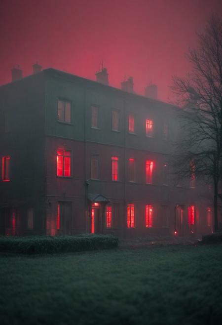 red theme, rural town, gray-green fog, black buildings, luminescence, ((bokeh)), minimalist
