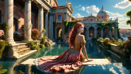 Neoclassicism,Neoclassicism,8k,high detailed,ultra-detailed,overlooking perspective,landscape,surrounded by soft clouds at her feet,(floating platforms),(the background featuring intricate fantasy architecture with tall towers),Wide-angle shot of a noblewoman sitting gracefully by a pool in a floating fantasy courtyard,with long pink hair,green eyes,yuukananri,her red gown flowing around her,(and lush gardens),bright sky with soft blue and golden hues,calm water reflecting the sky and architecture,ethereal atmosphere,gentle sunlight illuminating the scene,serene expression,long flowing hair,delicate jewelry,calm and peaceful moodCinematic Lighting,(best quality:1.1),(masterpiece:2),ancient Rome and Greece inspired,idealic,sober colors,Neoclassicism,ancient Rome and Greece inspired,idealic,sober colors,Neoclassicism,<lora:detailed_notrigger:1>,<lora:xl_more_art-full_v1:1>,<lora:yuukananri-base-02-XL:0.6>,