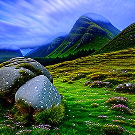 highland scotland landscape background, Clover, bunch grass, Crystals, rocks, crags, clouds and fog