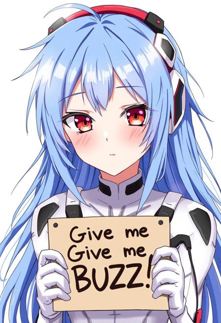 score_4,score_5,score_6,score_7_up,score_8_up,score_9 ((masterpiece,best quality,ultra detailed,highres,HD,4k:1.2)), 
1 girl,solo,face focus,
ayanami_rei,rei ayanami, blue hair, ((long hair, Messy Hair:1.2)),red eyes, head gear, 
bodysuit, headgear, plugsuit, neon_genesis_evangelion, white bodysuit, 
(("Give me Buzz.",Beggars Board,Holding a sign, holding a sign that says, "Give me Buzz."))
blush,Expressionless,