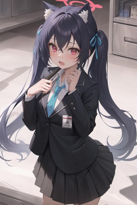 1girl, (serika \(blue archive\):1.1),animal ears, solo, necktie, long hair, twintails, jacket, white background, simple background, ribbon, hair ribbon, looking at viewer, white shirt, shirt, blue necktie, animal ear fluff, collared shirt, cat ears, hands on hips, bangs, long sleeves, black hair, blue jacket, id card, fang, school uniform, very long hair, blue ribbon, skirt, blazer, upper body, blush, hair between eyes, black jacket, red eyes, highres,masterpiece, best quality