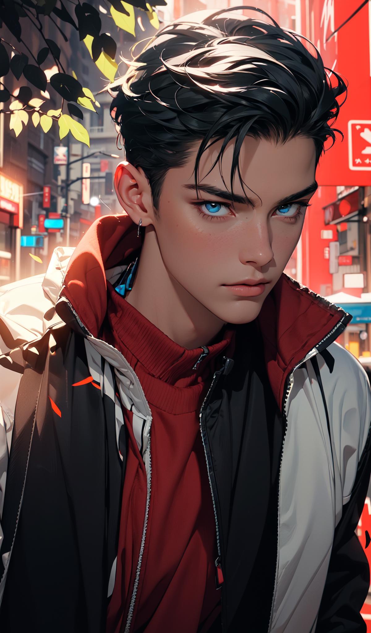 Anime-style illustration of a young man in a red shirt and white and black jacket.