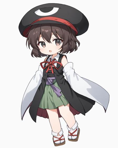 enraku tsubakura,hat, androgynous, solo, 1other, chibi, red_ribbon, black_headwear, tabi, detached_sleeves, white_background, skirt, full_body, open_mouth, neck_ribbon, kariginu, white_sleeves, simple_background, geta, looking_at_viewer, white_socks, hakama
<lora:enraku_tsubakura_image217_fp16_2024-01-03:1>,star-shaped_pupils,symbol-shaped_pupils,. gorgeous,key visual, vibrant, studio anime,award-winning, professional, highly detailed,high budget, cinemascope