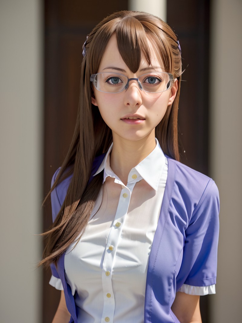 (realistic, professional photo:1.1), AkiRW, glasses, detailed hair, detailed eyes, pretty face, skirt, <lora:SAO-Girls-Rea...