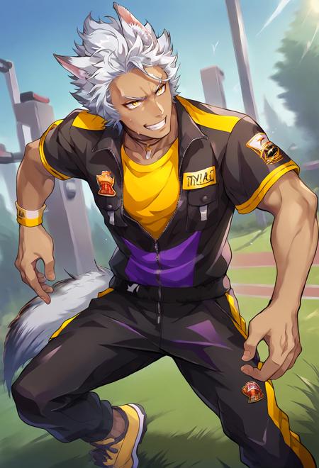 j4ckh0wl, animal ears, wolf ears, wolf tail, white hair, yellow eyes, 1boy, male focus, animal ears, dark-skinned male, solo, dark skin,