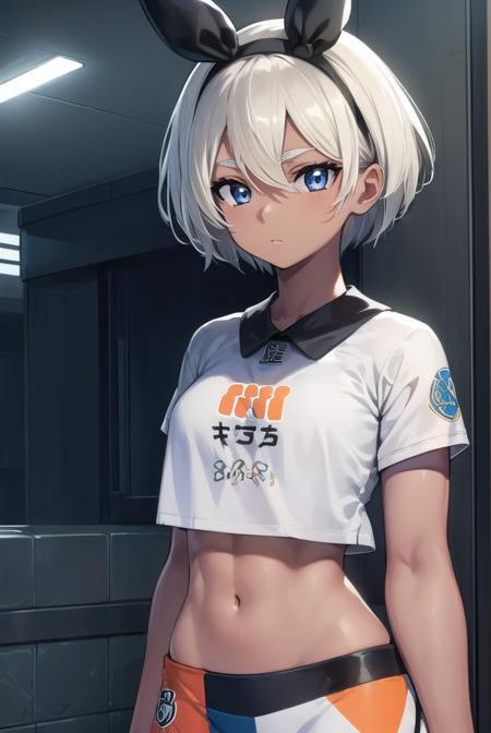 pokemonbea, blue eyes, dark skin, dark-skinned female, grey hair, hair between eyes, short hair, ribbon, hair ribbon, hairband, black ribbon, black hairband, bodysuit, covered navel, shorts, single glove, glove, crop top, white shirt, short sleeves, collar, white shorts,